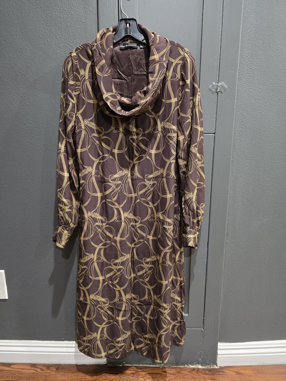 Dana Buchman 100%silk Brown Shift Dress with Gold Loop Motif, Long Sleeve